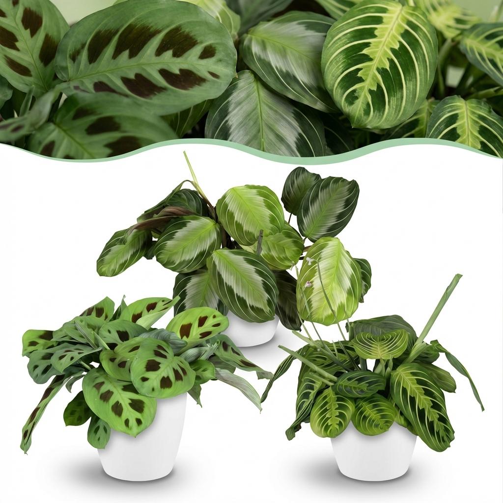 3× Maranta Silverband, Marantha Lemon Lime Marantha Kerchoveana (prayer plant) in white Potter decorative pot – Ø12 cm, 25 cm high