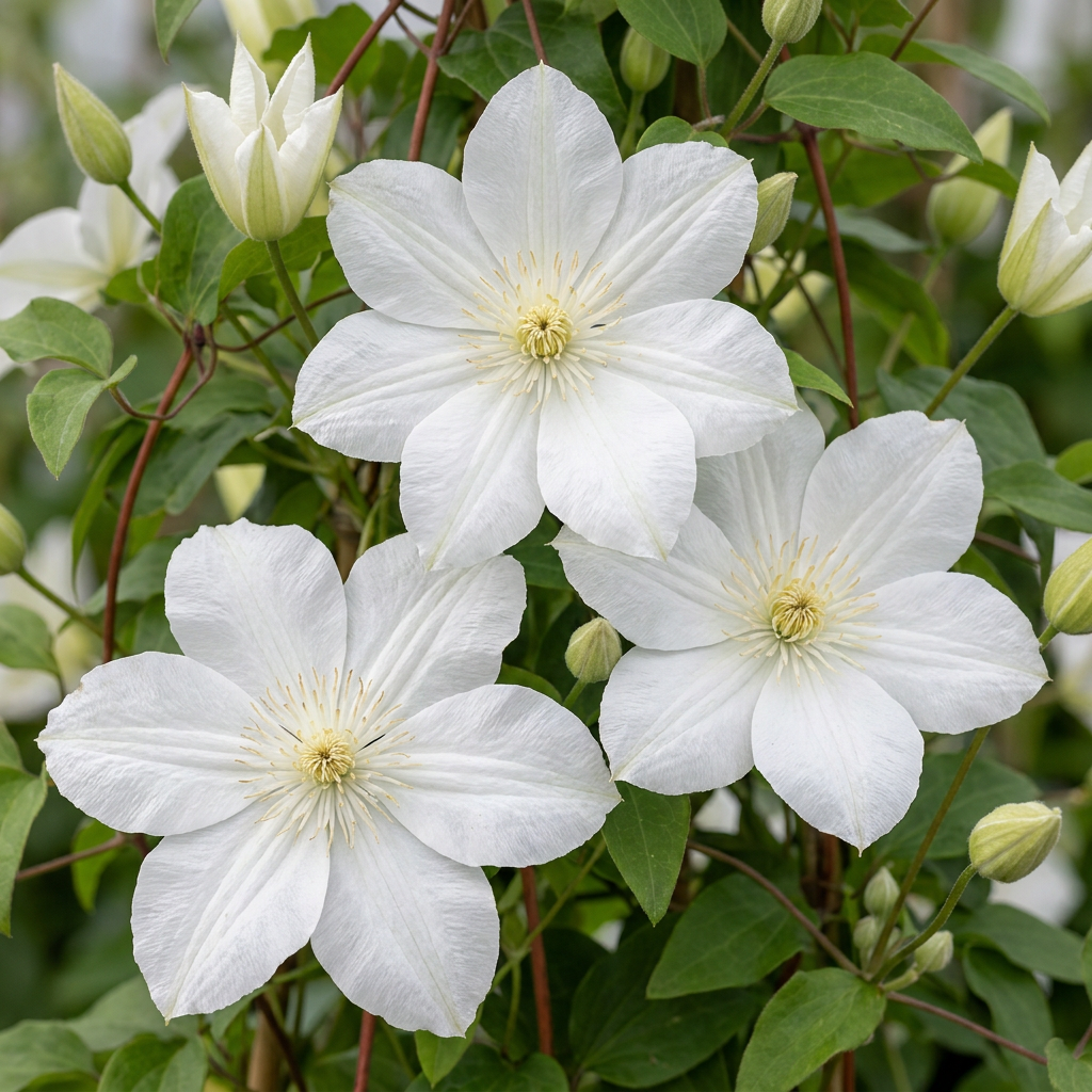 Clematis 'Jackmanii Huldine' (bosrank) – wit – 6 planten, Ø9 cm, 35 cm hoog