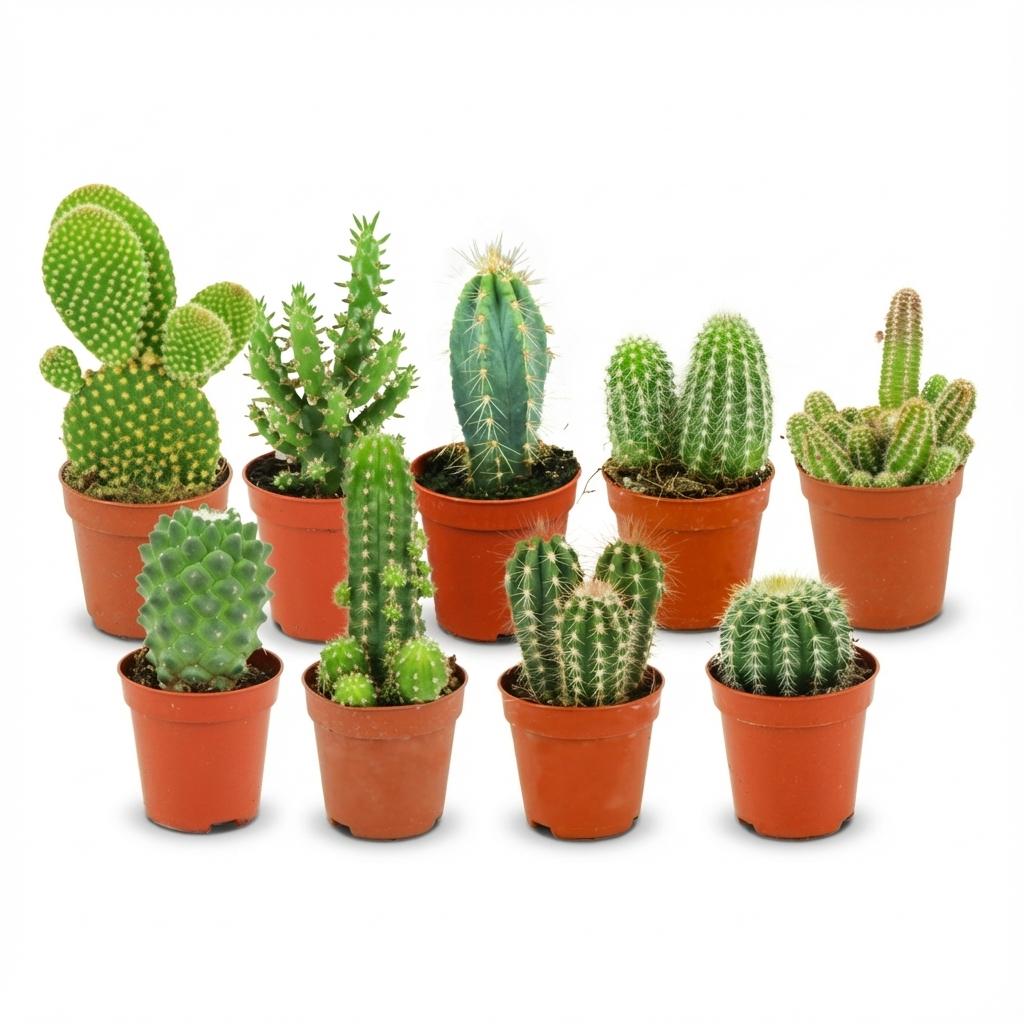 9× Mini-kaktussæt (Cactaceae) – Ø6 cm, 5–10 cm høje