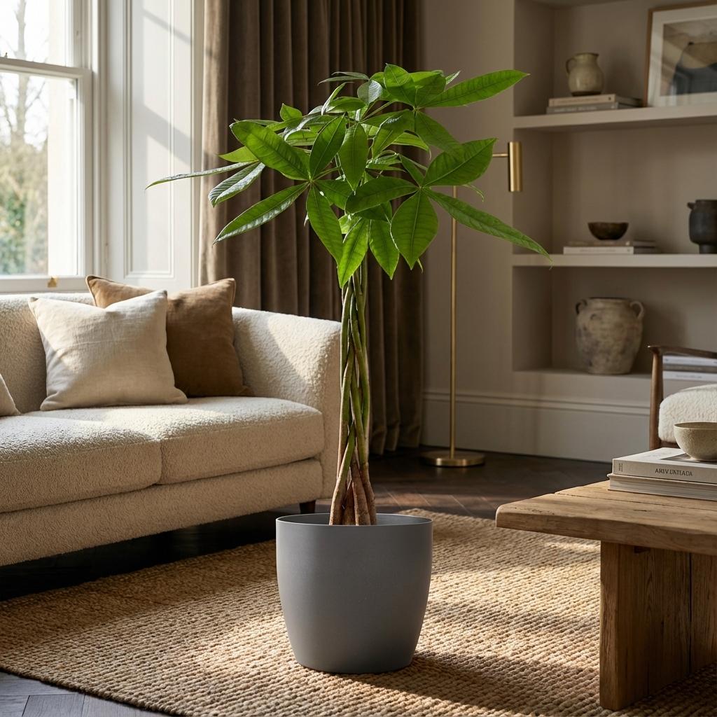 Pachira aquatica (pengaträd) i grå Potter-prydnadskruka – Ø21 cm, 80 cm hög – bild 2