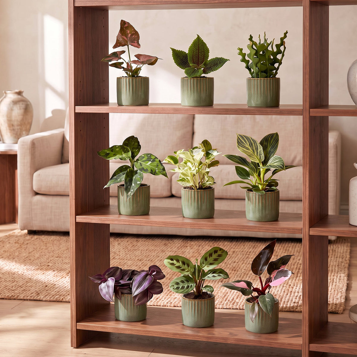 9× overraskelsesæske med stueplanter inkl. Linnea Olive – Ø6 cm, 5–15 cm høj