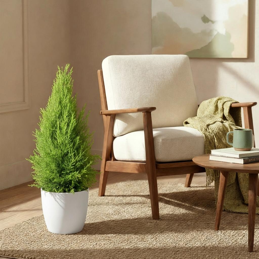 Cupressus Gold Crest Wilma (Zimmer-Lebensbaum) im weißen Tontopf – Ø 21 cm, 85–95 cm hoch – Bild 4
