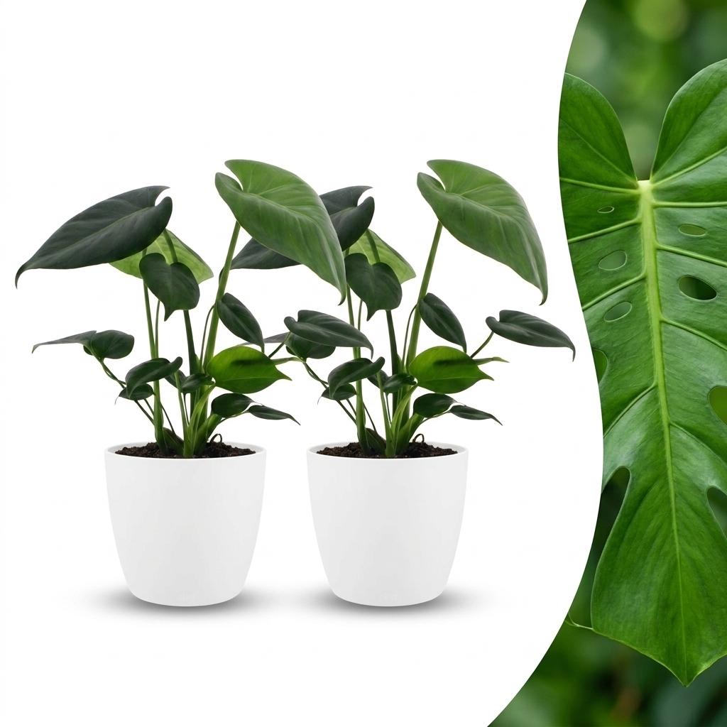 2× Monstera deliciosa (gatenplant) in Potter-sierpot wit – Ø12 cm, 30 cm hoog