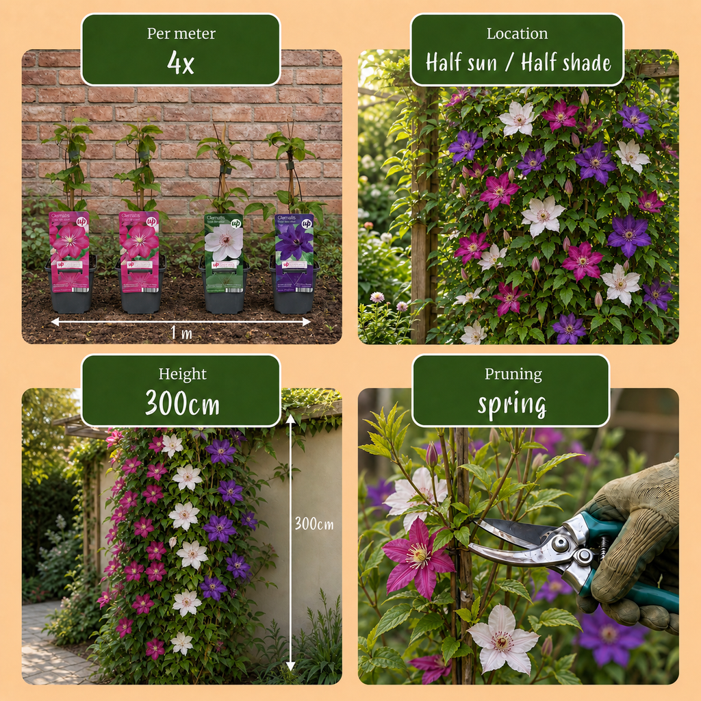 Clematis 'Tricolour' (driekleurige bosrank) – paars-roze-wit – 6 planten, Ø9 cm, 35 cm hoog – foto 5