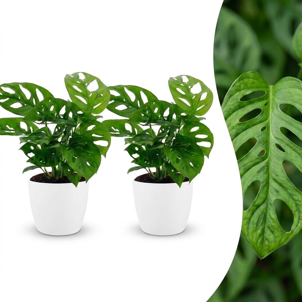 2× Monstera adansonii (Mini-Monstera) im weißen Zier-Terrakotta-Topf – Ø 12 cm, 25 cm hoch