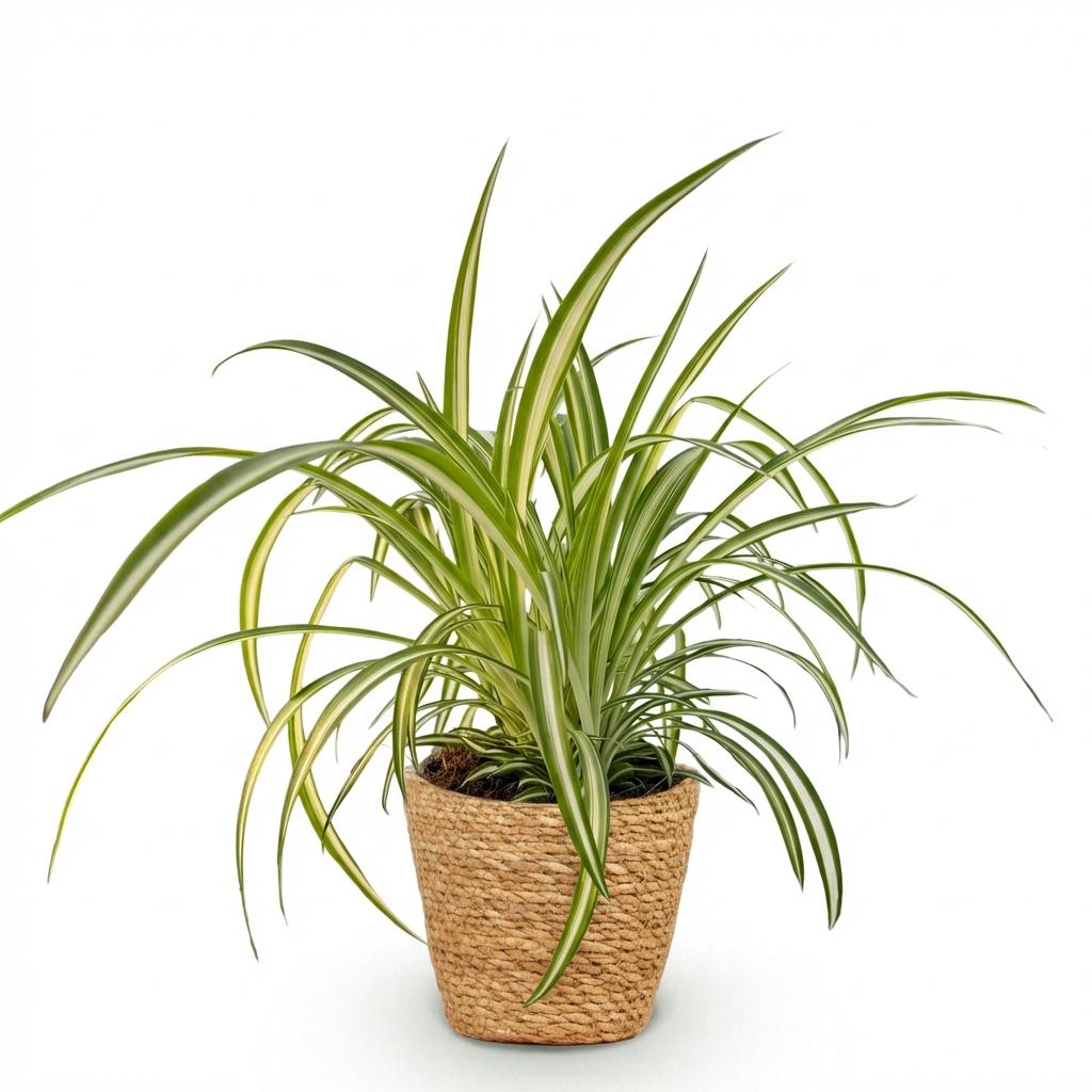 Chlorophytum comosum Variegatum (græsløg) med kurv – Ø12 cm, 20 cm høj