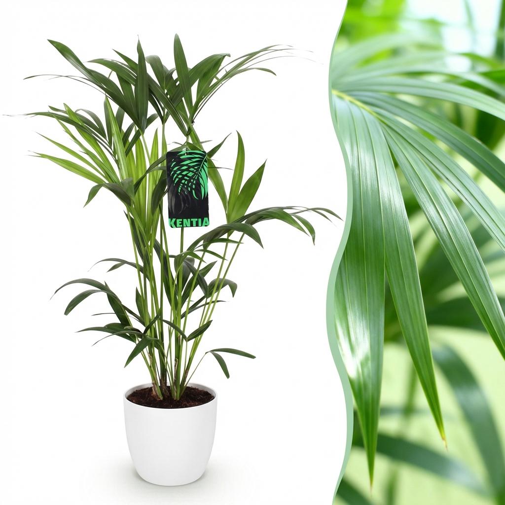 Howea forsteriana (kentia palm) in white Potter decorative pot – Ø19 cm, 80–85 cm high