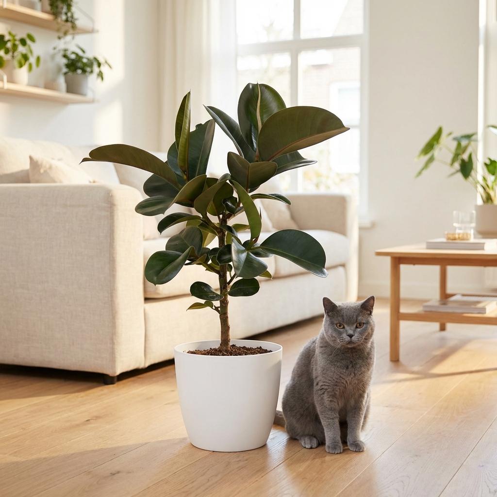 Ficus elastica Cloe (Gummibaum) im weißen Potter-Übertopf – Ø 19 cm, 65 cm hoch
