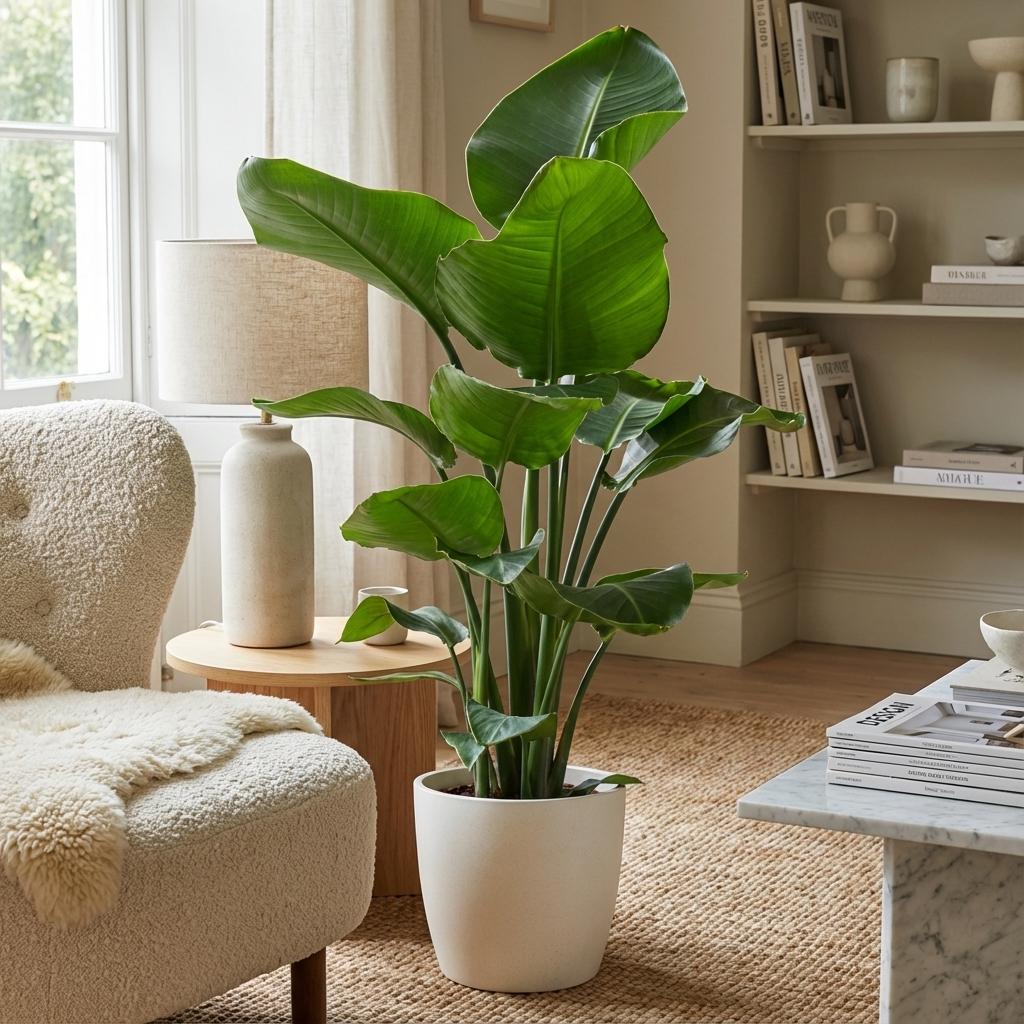 Strelitzia nicolai (weiße Paradiesvogelblume) im dekorativen Topf – Ø 21 cm, 80 cm hoch – weiß