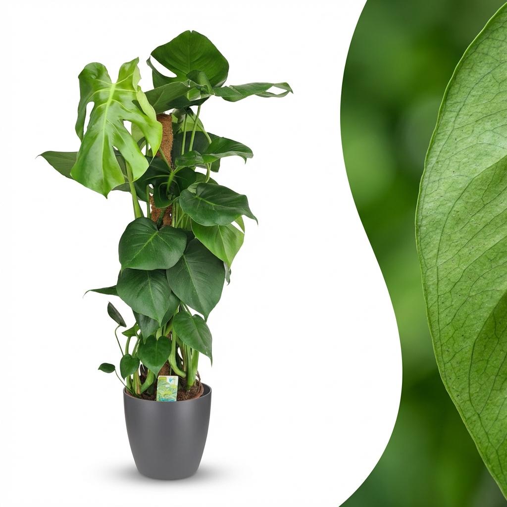 Monstera deliciosa (gatenplant) in Potter-sierpot grijs – Ø19 cm, 90 cm hoog – foto 2