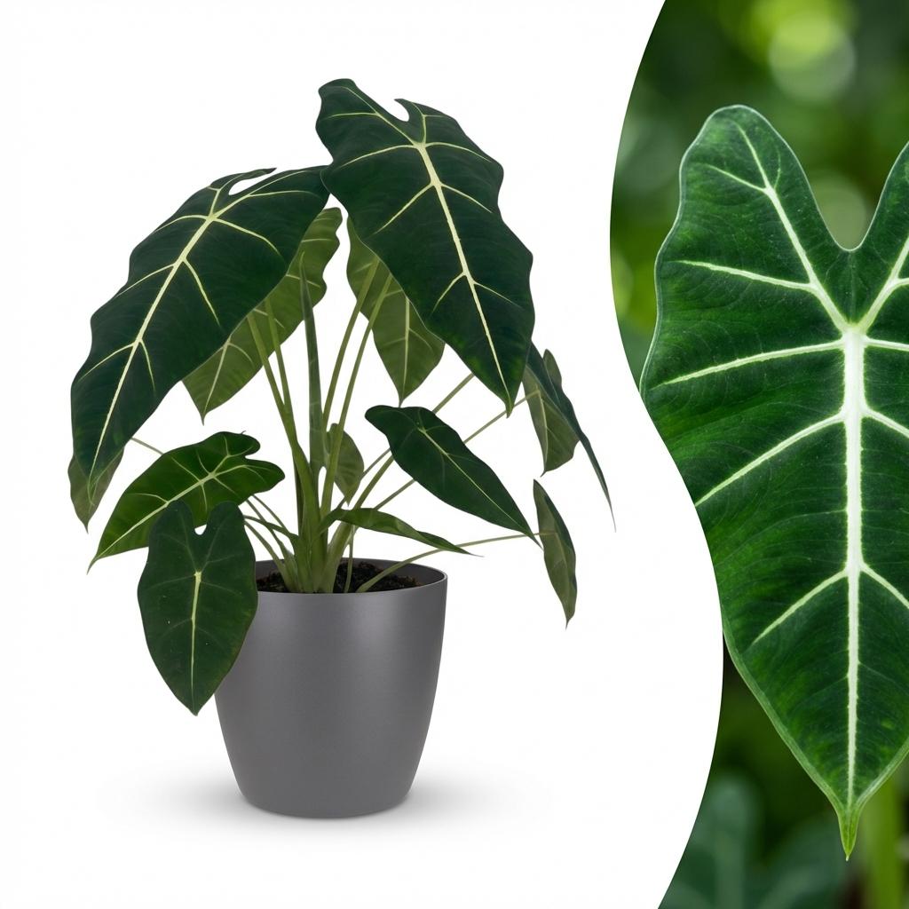 Alocasia Frydek (oreille d'éléphant) en pot décoratif gris – Ø19 cm, 60 cm de haut