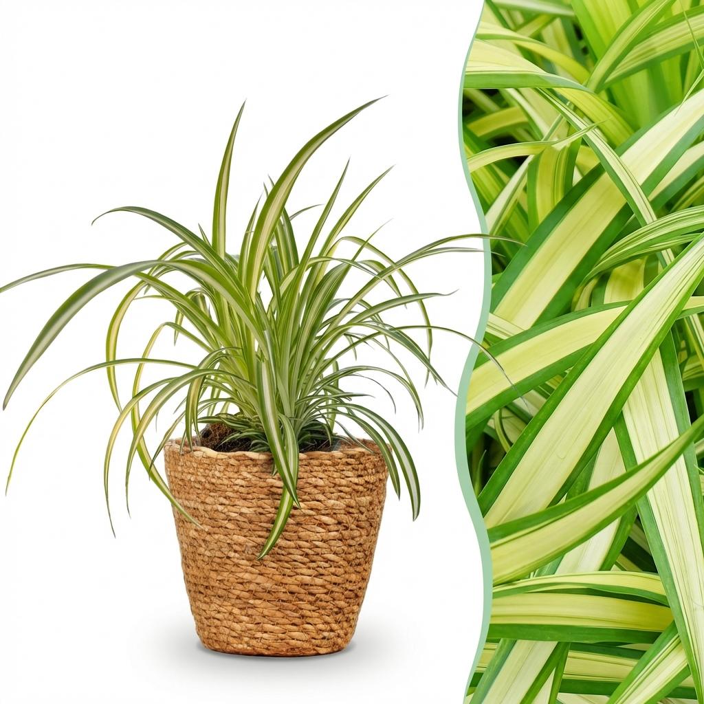 Chlorophytum comosum Variegatum (græsløg) med kurv – Ø12 cm, 20 cm høj