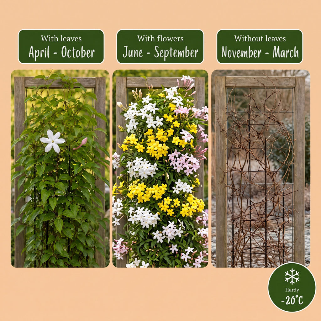 Jasminum 'Tricolour' (three-colored jasmine) – yellow-white-pink – 6 plants, Ø9 cm, 35 cm high – photo 6
