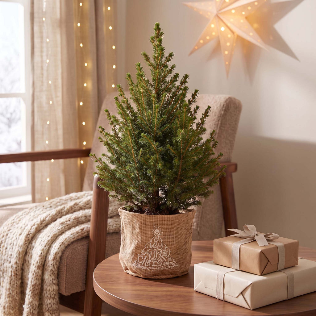 4× Picea glauca Conica (kerstboompje) in jute zak – Ø17 cm, 65 cm hoog