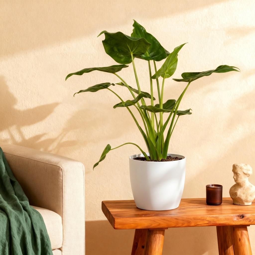 Alocasia Cucullata (elefantøre) i Potter-pyntepotte hvid – Ø21 cm, 65–70 cm høj