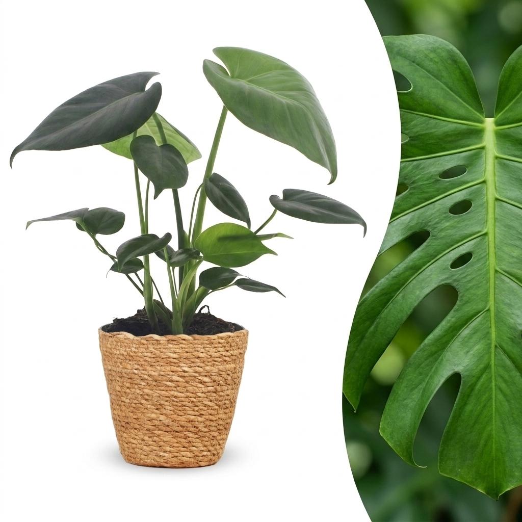 Monstera deliciosa (Fensterblatt) mit Korb – Ø 12 cm, 30 cm hoch