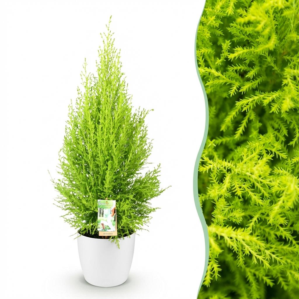 Cupressus Gold Crest Wilma (Zimmer-Lebensbaum) im weißen Tontopf – Ø 21 cm, 85–95 cm hoch