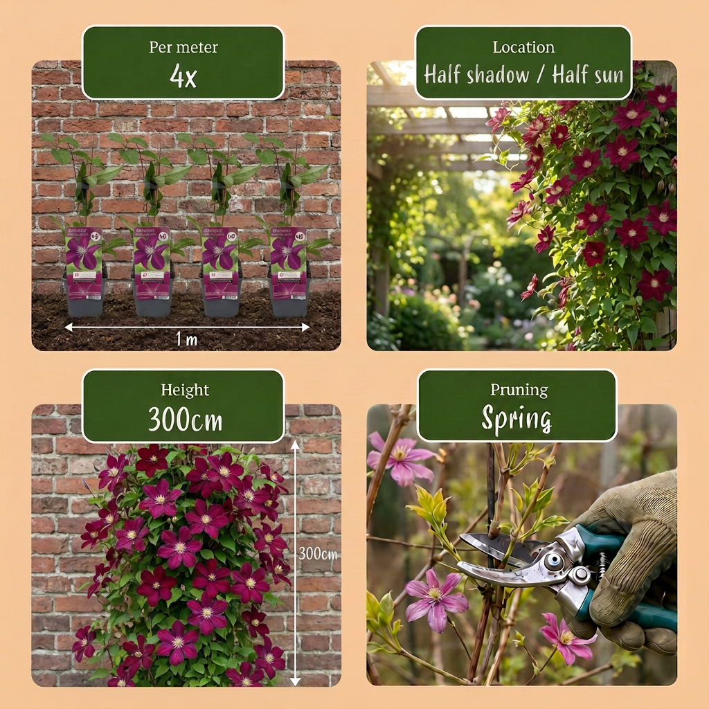 Clematis 'Rouge Cardinal' (bosrank rode kardinaal) – rood – Ø9 cm, 35 cm hoog