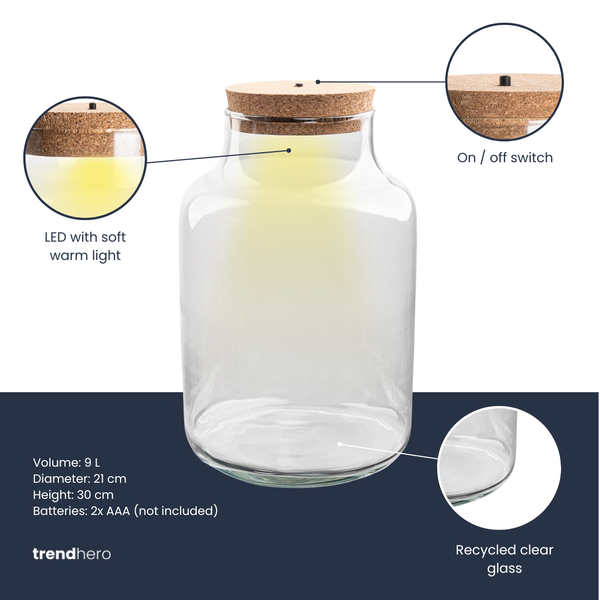 Terrarium fles met verlichting – Milky – Ø 21 cm ↑ 30 cm